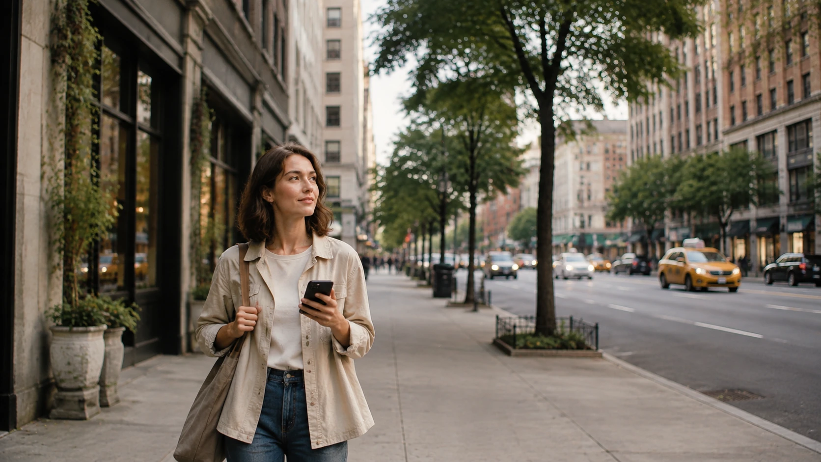 Person pausing on a New York City street while considering where to go next